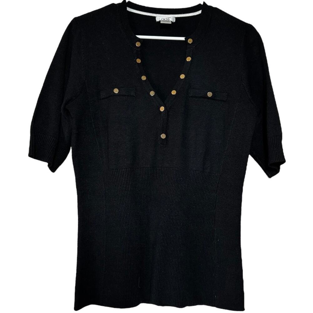 Cache Blouse Top Knitted Deep V-Neck Short Sleeve Button Embellished Black Large